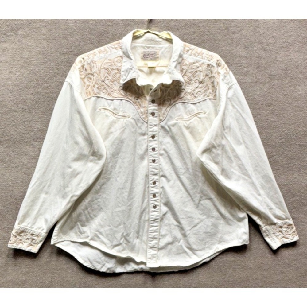 Rockmount Ranch Shirt Men 2XL Cream Smile Pearl Snap Embroidered Yolk Shotgun